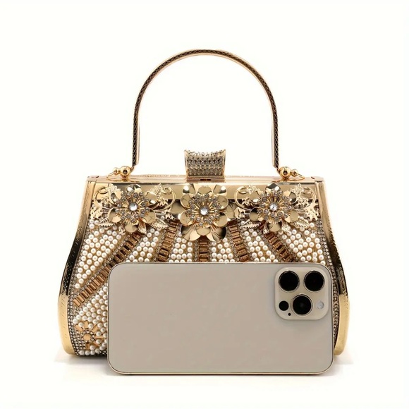 NIP Golden Evening Clutch with Rhinestones & Pearls Glittery Beaded Handbag f - Picture 5 of 6